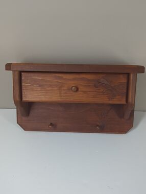 Handmade Wood Wall Shelf with Drawer - Brown Dragon Fly